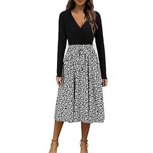 OUGES Womens' Fall Dress 2024 Long Sleeve V Neck Ribbed Business Casual Outfits Teacher Midi Maternity Dresses with Pockets(Floral-4, L)