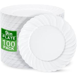 U-QE 100 Pieces White Plastic Plates - 9 Inch White Disposable Plates - Washable & Reusable - Premium Hard Plates - Party Supplies for Party, Celebrations, Travel, Wedding, Party and Events