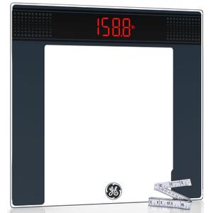 GE Bathroom Scale for Body Weight: Highly Accurate Digital Scale Weighing Machine with Clear Tempered Glass, 11.8" Large Platform, LED Display, 400 lbs, 4 Units, with Body Tape Measure and Batteries (Transparent)