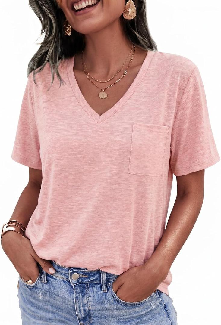 Womens V Neck Tshirts Short Sleeve Loose Casual Summer Tops with Pokcet (Pink)