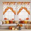 Thanksgiving Swag Curtain Valances,Pumpkin Autumn Leaves Rod Pocket Window Swag Topper Curtains,Fall Harvest Short Tier Valance for Kitchen Bedroom Bathroom Decor,2 Panel 36"x36" (Orange Red)