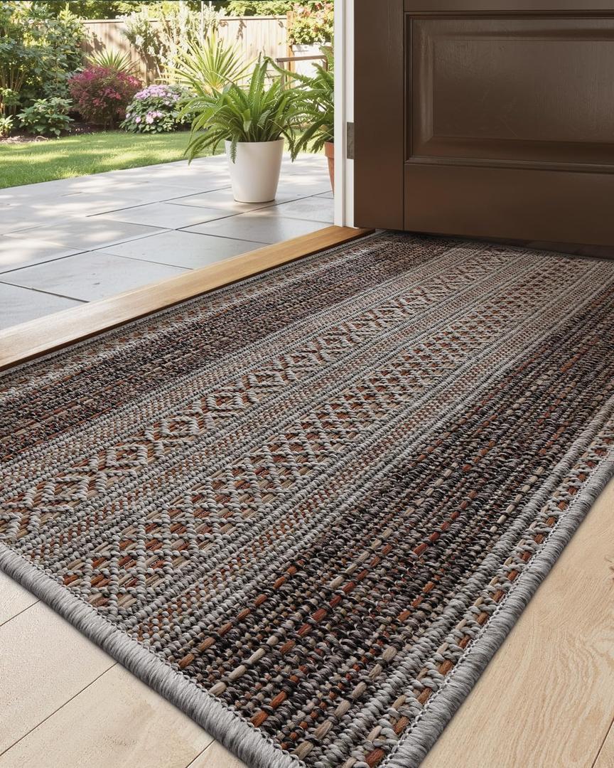 DEXI Dirt Trapper Door Mat, 20x31 Washable Doormat, Dirt Resistant and Absorbent, Easy Clean Low-Profile Floor Rugs for Entryway, Front Door, and Inside Entrance, Striped Brown