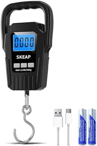SKEAP Digital Fish Scale - 110lb/50kg Backlit LCD Fishing Gear with Portable Handle, Includes 2 AAA Batteries & Stainless Steel Hook, with USB Charging- Fishing Gifts for Men