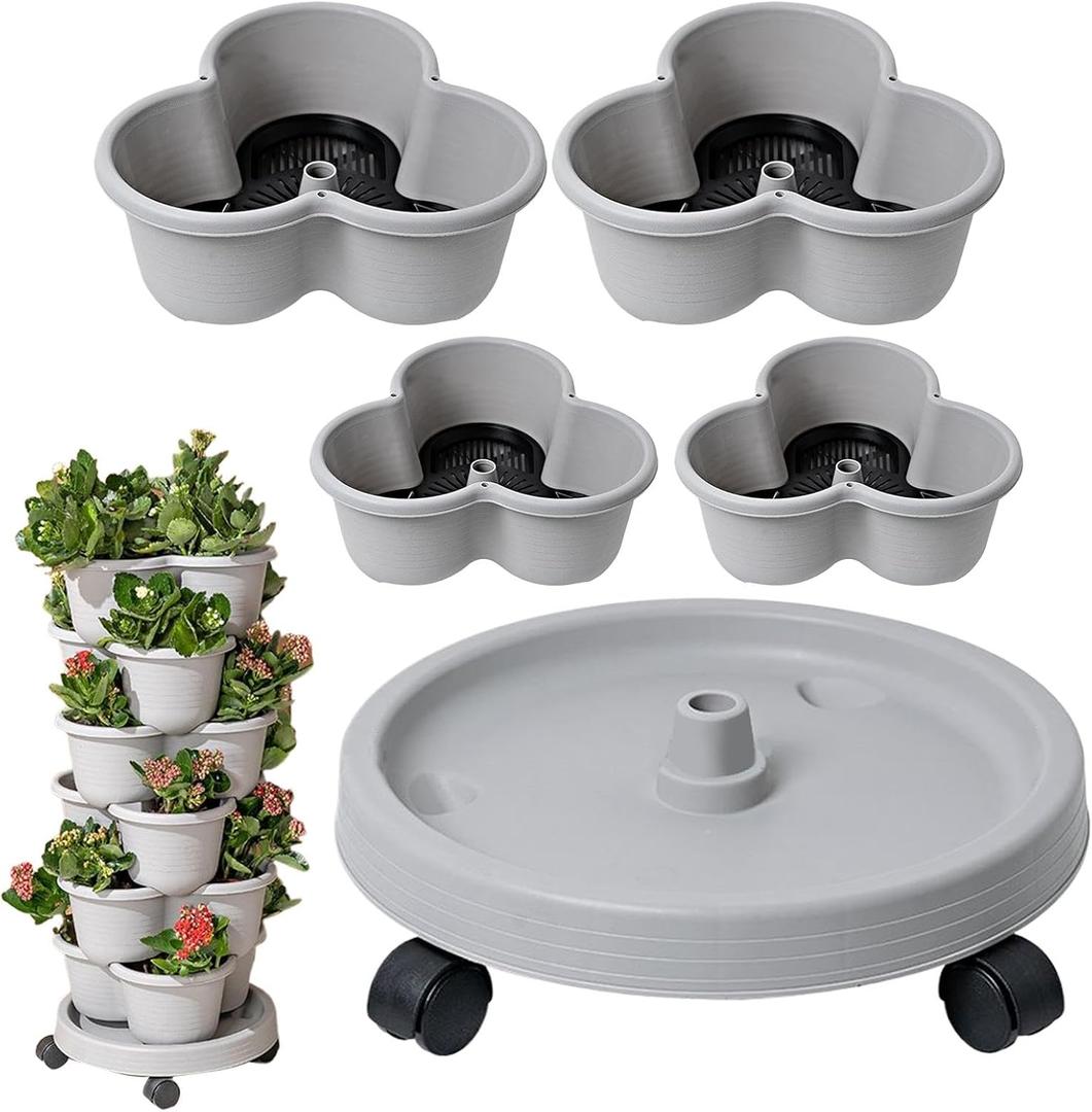 Stackable Strawberry Tower Pot, 4 Tiers Vertical Tower Stackable Pot with Tray and Flexible Wheel for Strawberry, Flower, Vegetable, Three-Petal Flowerpot for Herb Flower Bedding Indoor Ourdoor Garden (10 Basins + 2 Stent)