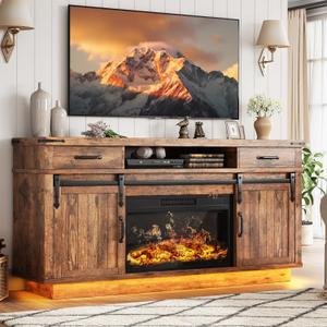 59'' Fireplace TV Stand with 3D Flame Electric Fireplace Heater, 34'' Tall Farmhouse TV Stand for 65 Inch TV, Entertainment Center TV Console with 2 Drawers, Sliding Barn Door for Living Room - Brown