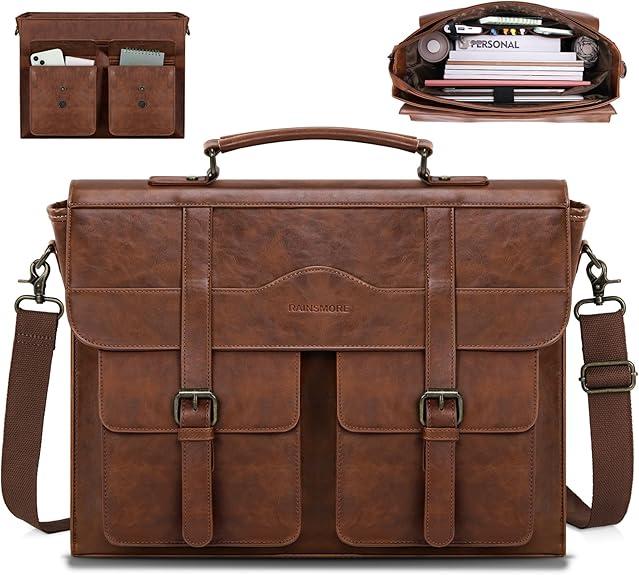 RAINSMORE Mens Messenger Bag 17 Inch Vintage Leather Laptop Briefcase Magnetic Closure Large Satchel Computer Shoulder Bag