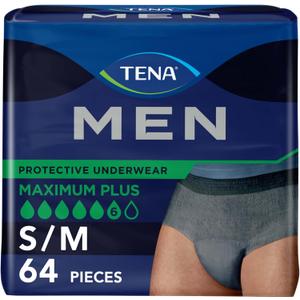 TENA Men Maximum Plus Incontinence Underwear, Bladder Control, S/M, 64 Count (Waist size 34in-50in)