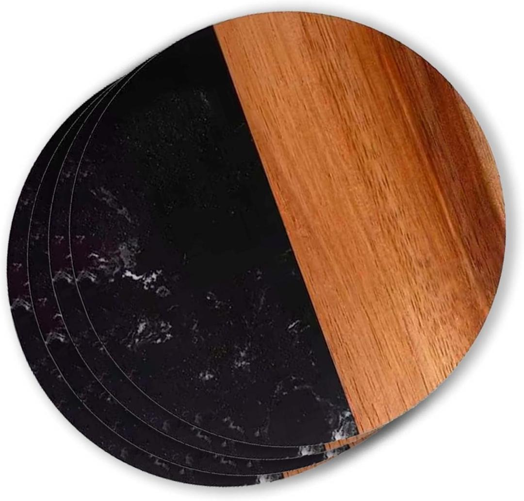 Set of 4 Black Marble and Acacia Wood 4" Round Coasters Set of 4 Black Marble and Acacia Wood 4" Round Coasters