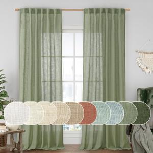 LAMIT Sheer Linen Curtains for Living Room, Back Tab and Rod Pocket Sage Green Curtains Light Filtering Country Rustic Neutral Drapes for Bedroom/Farmhouse, 2 Panels, 52 x 102 Inch