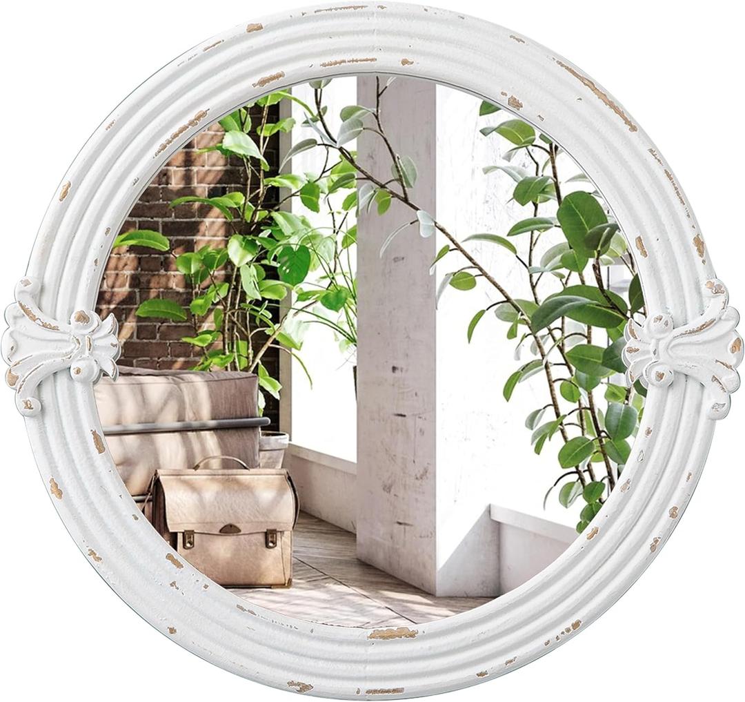 Rustic Round Mirrors for Wall Decor 20 Inch, Hanging Distressed White Floral Carved Wood Frame Circular Mirror for Entryway, Vintage Decorative Bathroom Mirrors for Over Sink