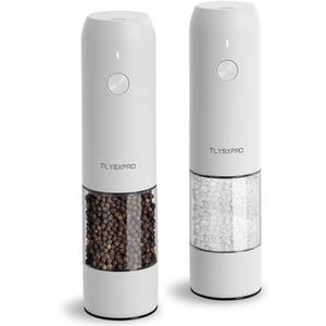 Electric Salt and Pepper Grinder Set, USB Rechargeable, Automatic Salt and Pepper Mill Grinder with Adjustable Coarseness, Electric Salt Shakers, LED Light, Refillable (2 Packs, White)