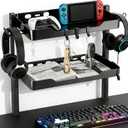 2-Tier Clamp on Desk Shelf, Dual-purpose Desk Organizer (Used on or Under Desk Storage), Desk Shelf Clamp with Hooks and High Load-bearing capacity, Suitable for Office Desk, Gaming Accessories