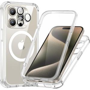 ESR for iPhone 15 Pro Max Case, Compatible with MagSafe, Full-Body Military-Grade Drop Proof Case for iPhone 15 Pro Max with Built-in 9H+ Tempered Glass Screen Protector, Clear