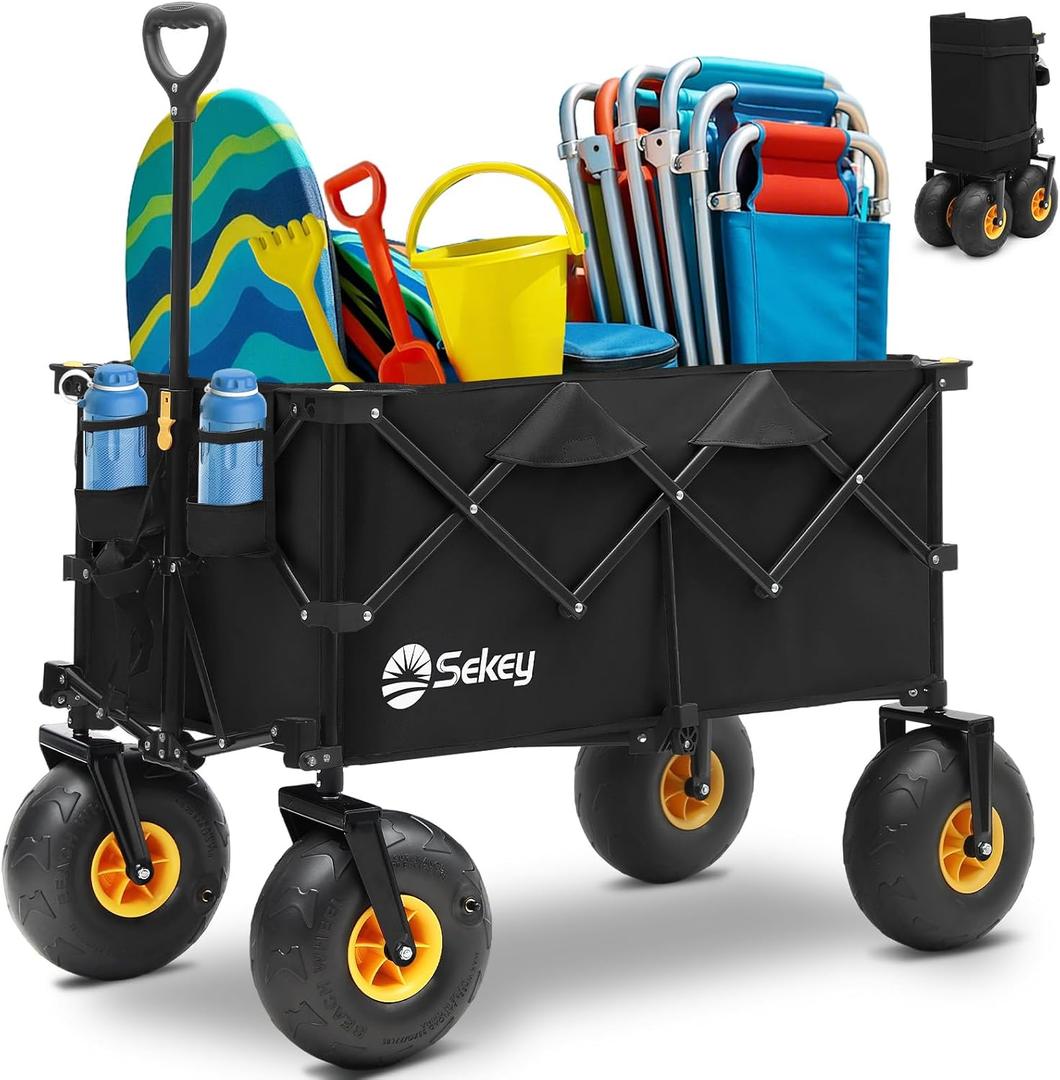 Heavy Duty Beach Wagon with 9" Big Sand-Proof Wheels 440lb Capacity, Sekey 200L Oversized Foldable Cart | Adjustable Handle & All-Terrain Tires for Sand, Camping, Groceries, Black