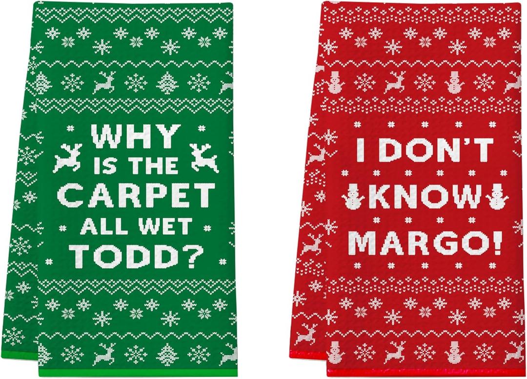 Christmas Vacation Decorations, 2Pcs Funny Holiday Kitchen Towels, Griswold Family Cousin Eddie Christmas Vacation Merch, Xmas Bathroom Hand Towels - Why is The Carpet All Wet? I Don't Know Margo