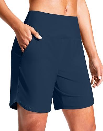 G Gradual Women's 7" Quick Dry Swim Board Shorts Swimming Bottoms High Waisted Beach Shorts for Women with Liner Pockets, L