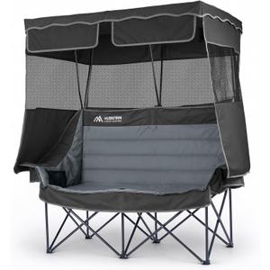 Huskfirm Double Camping Chair with Canopy Shade Folding Camping Couch Black | Oversized Double Beach Chair with Canopy for Larger Users, Heavy Duty Camping Loveseat with 2 Cup Holders & Carry Bag