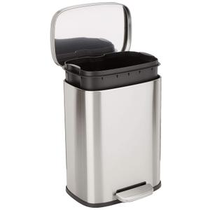 Amazon Basics SMALL Trash Can, 3.1 Gallon (12L), Smudge Resistant Rectangular Bin with Soft-Close Lid, Step Foot Pedal, Removable Inner Bucket, Brushed Stainless Steel, Satin Nickel Finish