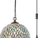 HWDFEI Tiffany Pendant Light Plug in Stained Glass Hanging lamp 12X12X181 Inch Hanging Lamp Living Room Bedroom Kitchen Dining Room OfficeSeven Color Wisteria Style