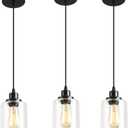 3 Lights Industrial Pendant Light with Glass Shade Matte Black Pendant Lighting Adjustable Industrial Retro Style Hanging Light,Kitchen Island Farmhouse Pendant Lights Fixtures for Kitchen,Farmhouse