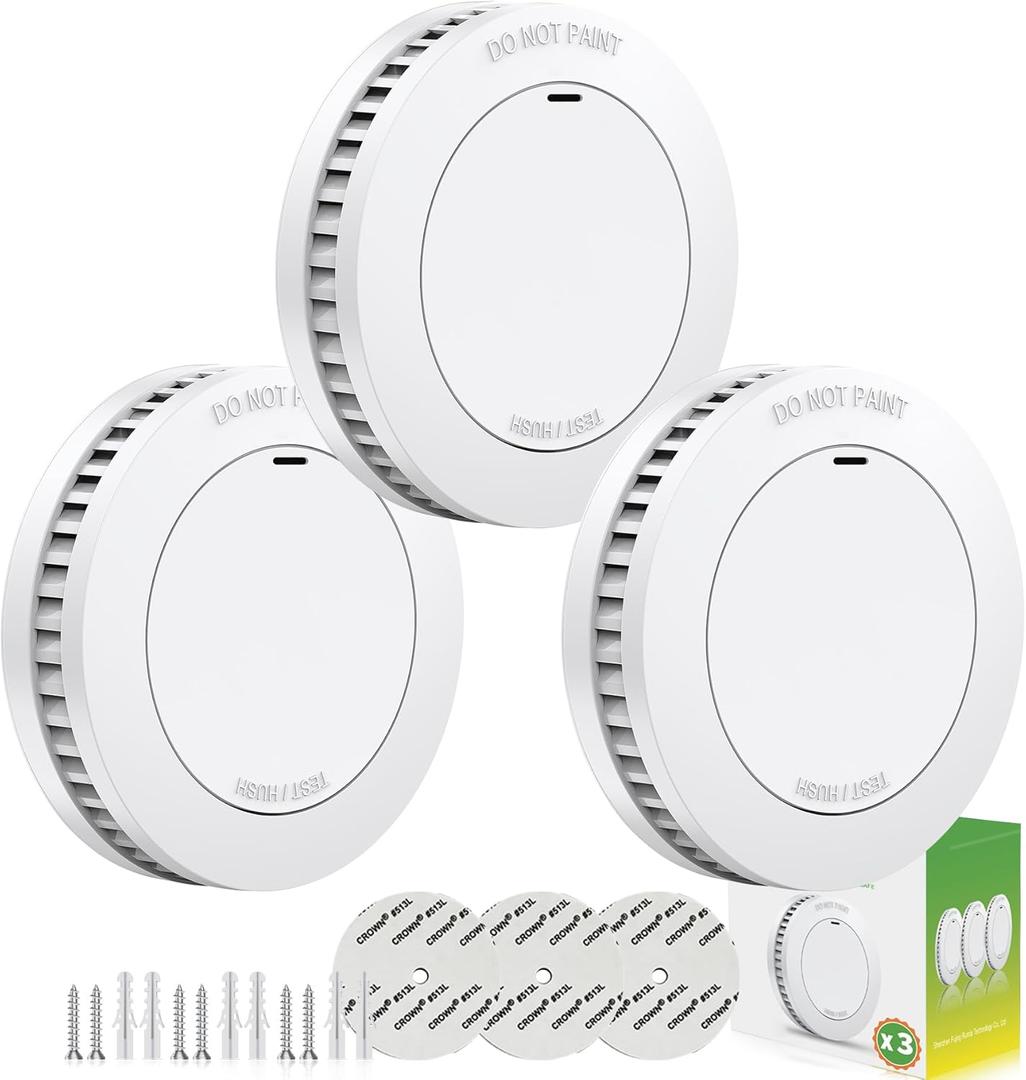 Rundur Fire Alarm 10-Year Battery Fire Detector 3.5-Inch Mini Sleek Design with Test/Silent Button Photoelectric Smoke Alarm Can be drilled Fixed fire detectors for Home (3 Piece)