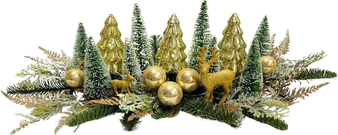 Lighted Christmas Table Centerpiece with Timer Golden Christmas Tree Frosted Pine Trees Glitter Christmas Deer Reindeers Figurine Snow Flocked Cedar Branches for Dining Table Holiday Party Home Mantel