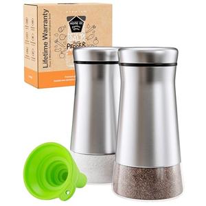 HOME EC Original Salt and Pepper Shakers Set with Adjustable Pour Holes - Glass and Stainless Steel Salt Shaker and Pepper Shaker - Farmhouse Spice dispenser for salts, ground peppercorn and spices, Brushed Silver, 2 Pack