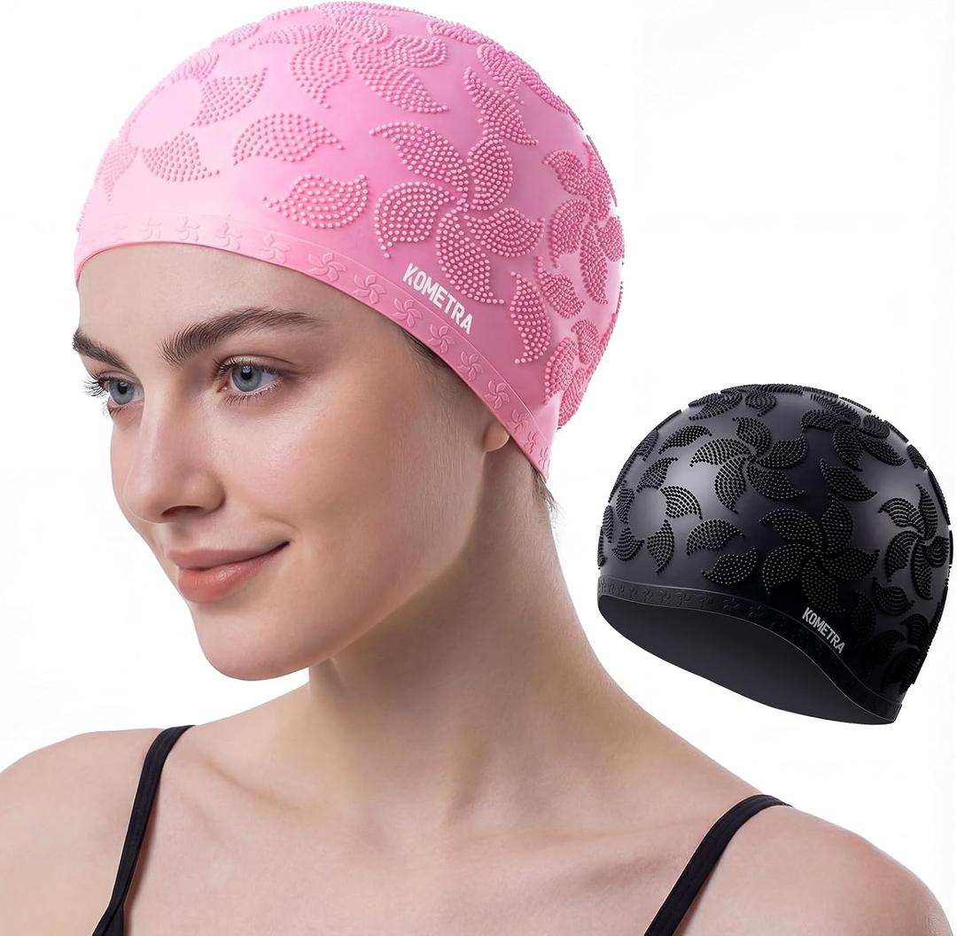 Women Swim Cap 2 Pack for Long Hair, Silicone Flower Adult Swiming Caps Waterproof for Girl Youth No Wet Hair
