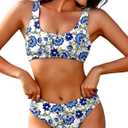 AI'MAGE Women Ribbed Bikini Sets Sporty Swimsuits Scoop Neck Two Piece Bathing Suits High Cut Bikini XS-XXL (Small, Mz443/Blue Flowers)
