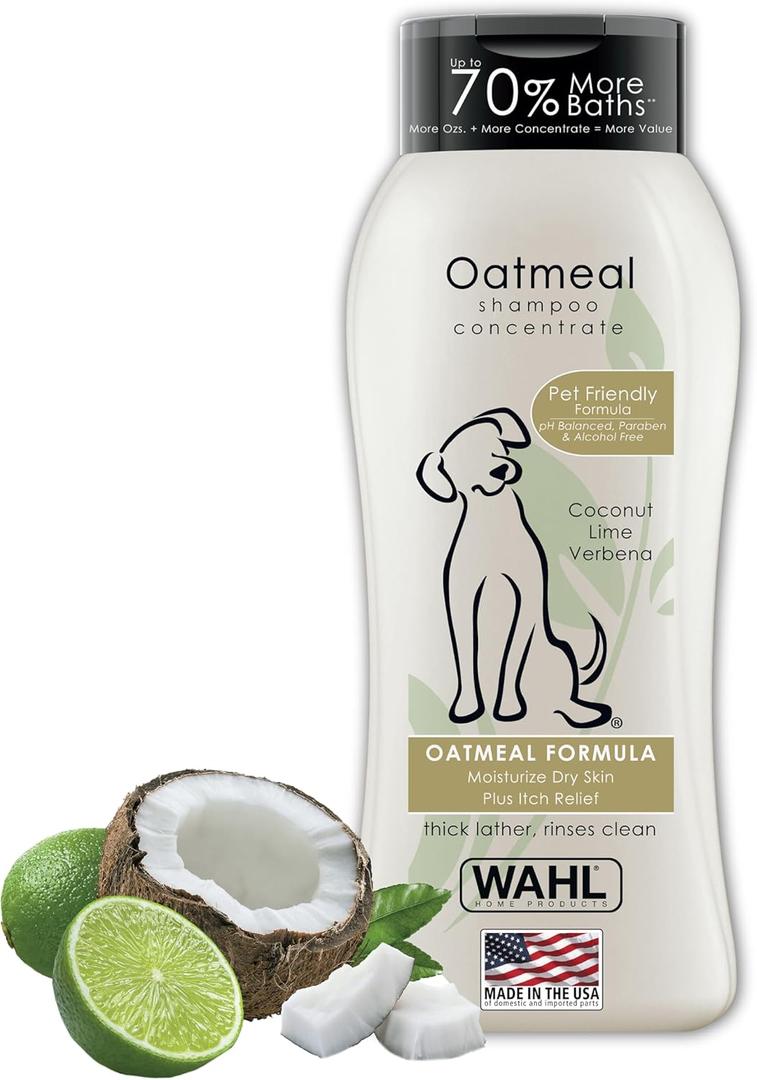 Wahl USA Dry Skin & Itch Relief Pet Shampoo for Dogs  Oatmeal Formula with Coconut Lime Verbena Scent & Pet Friendly Formula, 24 Oz - Model 820004A (Tan)
