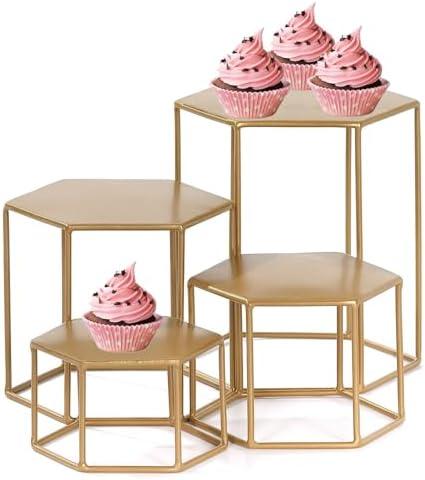 Aifeorzo Metal Display Risers Set, Set of 4 Upgraded Hexagonal Nesting Buffet Riser, Modern Brass Buffet Display Stands for Food, Food Display Risers for Buffet Cupcake Small Potted Plants - Medium
