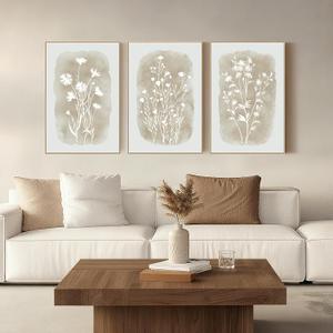 Neutral Wildflower Framed Wall Art Boho Botanical Vintage Minimalist Floral Canvas Farmhouse Wall Decor Beige Prints for Living Room Bedroom Office, 3 Panels, 16x24 Inch, 16"x24"x3 Panels Framed