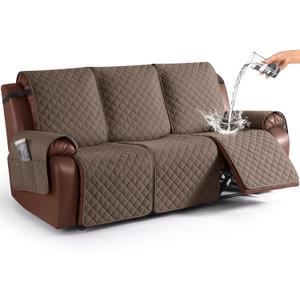 KinCam 100% Waterproof Recliner Couch Covers, Non-Slip Reclining Sofa Covers for 3 Seater, Recliner Couch Cover Furniture Protector with Elastic Straps for Pets, Kids, Brown