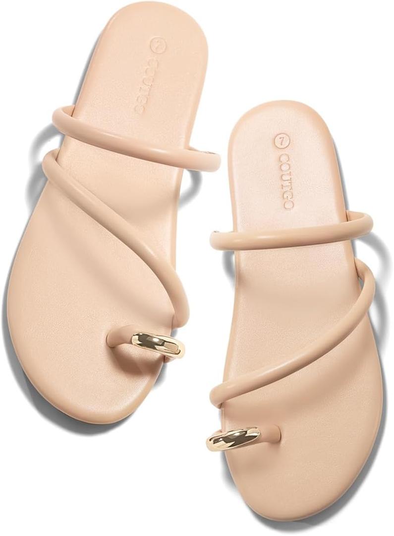 Coutgo Womens Strappy Flat Sandals Square Open Toe Flip Flops Slides Toe Ring Summer Dress Shoes (Beige, 6 1/2)