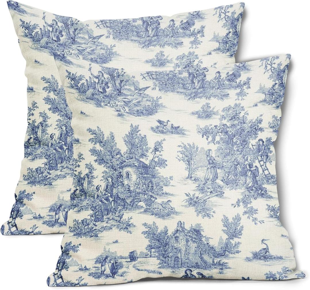 aportt French Country Pillow Covers Set of 2 20x20 Inch Vintage Toile Blue Cotton Linen Polyester Decorative Throw Pillow Case Cushion Cover for Bedroom Sofa Living Room Couch Chair Office