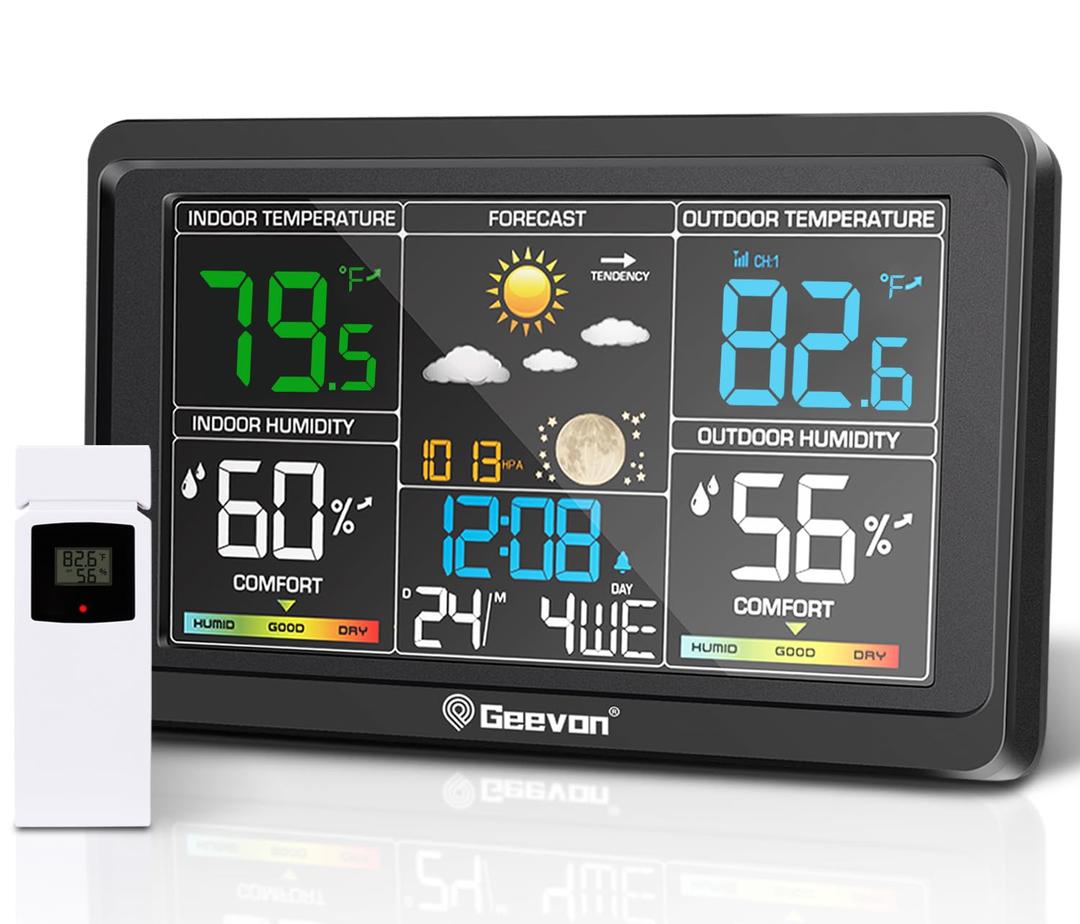Geevon Weather Stations Wireless Indoor Outdoor Thermometer, Color VA Display Digital Weather Thermometer, Temperature Humidity Monitor with Barometer, Calendar, and Adjustable Backlight (Upgraded HD Display & TX16-3 Sensor)
