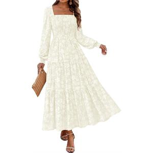 KIRUNDO Wedding Guest Dresses for Women Spring 2026 Long Sleeve Smocked Floral Flowy A Line Boho Maxi Dress Fashion Clothing, Size M