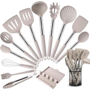 HOTEC Heat Resistant Silicone Kitchen Utensils, Cooking Utensil Set, Spatula Set, BPA Free, Kitchen Gadgets, With Stainless Steel Utensils Holder, Dishwasher Safe 14pcs Khaki
