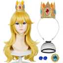 LABEAUT Blonde Princess Wig with Crown + Brooch + Ear Clip + Wig Cap,5 Peice Set of Golden Long Wavy Peach Cosplay Wig Costume for Halloween Party (Yellow Peach Child)