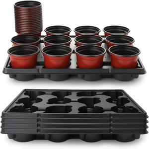 4 inch Round Nursery Pots 60pcs, 12 Cell Nursery Pots Trays 5 Pcs, Sturdy Seeds Starting Germination Shuttle Carrying Trays, Small Planter Nursery Propagation 5 Sets