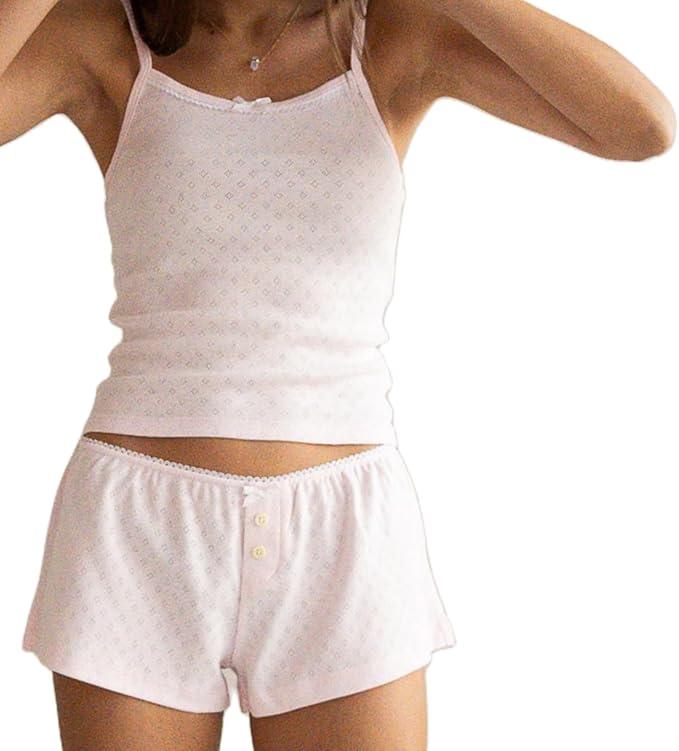 XBTCLXEBCO Lace Pajama Sets for Women 2 Piece Sexy Sleeveless Cami Tank Top and Shorts Pj Set Y2K Matching Lounge Sleepwear(Button Pink, Medium)