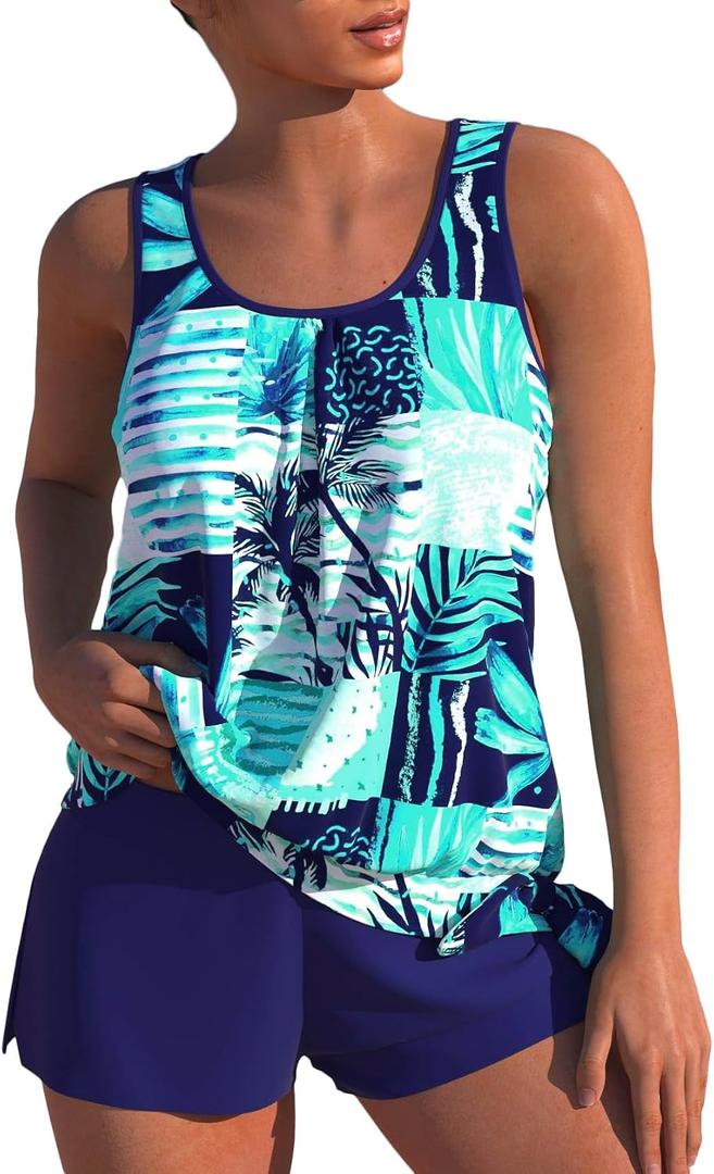 Modlily Modest Two Piece Tankini Swimsuits, Tropical Plants Print Bathing Suits, Casual Tank Top with Board Shorts XL