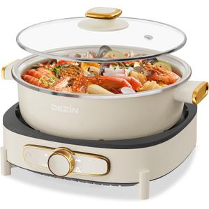 Dezin Electric Shabu Shabu Pot with Removable Pot, 4L Electric Non-Stick Pot with Multi-Power Control, 3.7" Depth Electric Cooker with Tempered Glass Lid for Party, Family and Friend Gathering