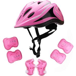 Kids Helmet Knee Elbow Pads Wrist Guard Sport Protective Gear Adjustable Bike Safety Set for Boy Girl 5-12 Years(Pink)