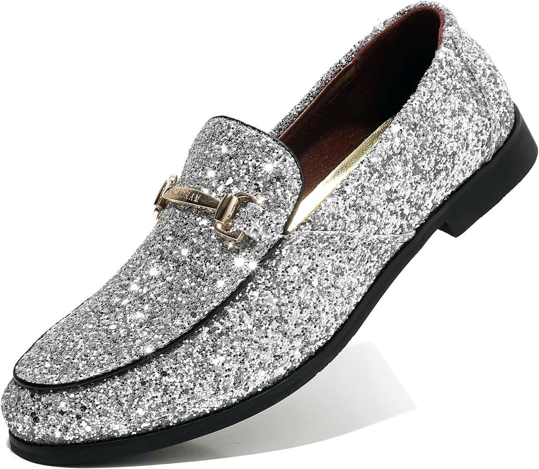 COSIDRAM Men's Glitter Dress Shoes Metallic Sequins Tuxedo Luxury Gold Buckle Loafers Slip-on Wedding Party Shoes Silver, Size: 11