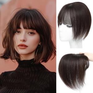 Hair Toppers for Women Real Human Hair， 360°3D Cover Toppers Hairpieces for Women with Thinning Crown Wispy Clip in Bangs Realistic Scalp Hairline