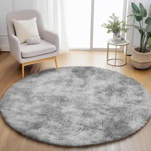 Round Rug for Bedroom, 5'x5' Fluffy Circle Area Rugs for Kids Room, Soft Shaggy Circular Carpet for Nursery Living Room, Non-Slip Home Decor Rug for Teen's Room, Tie-Dye Light Grey