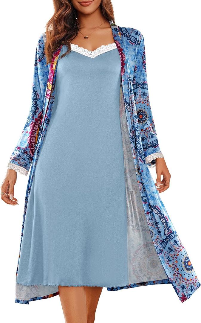 Ekouaer Women's Sexy Nightgown with Robes Set 2 Piece Lace Full Length Knit Soft Nightwear Lightweight Bathrobes S-XXL (Medium, Floral Mix Blue)