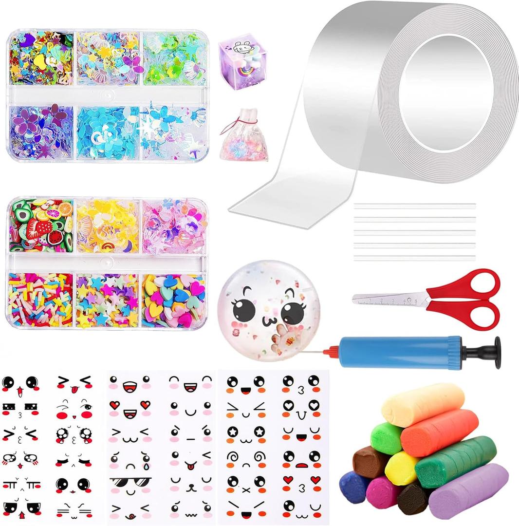 AooeDomi Nano Tape Bubble kit for Kids, Nano Double Sided Adhesive Tape Bubbles, Nano Tape Kit with Glitter, Clay and Decoratives Emoticon Stickers, DIY Party Activities Toys