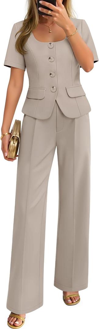 ZESICA Women's Summer Two Pieces Suits Set 2026 Short Sleeve Blazer Wide Leg Pants Business Casual Outfits Sets (Beige, M)